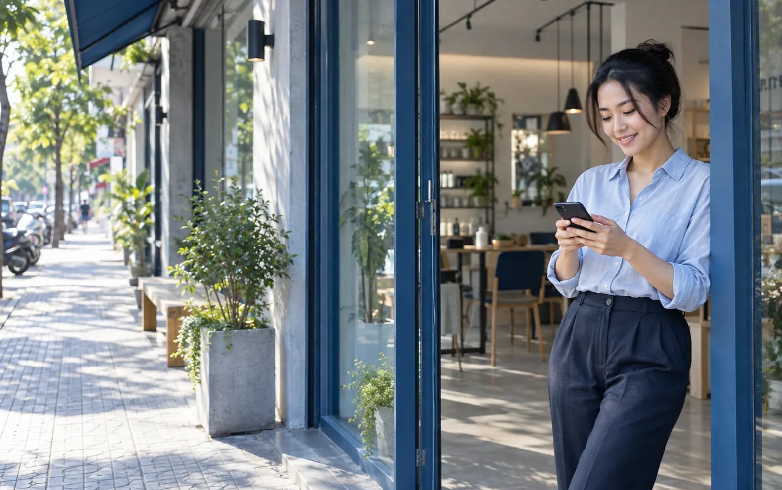 Chủ doanh nghiệp Việt Nam dùng điện thoại trước cửa cơ sở của mình