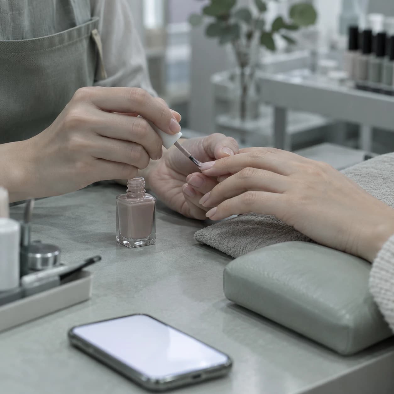 Bàn tay thợ nail đang sơn dở một bộ móng, chiếc điện thoại sáng màn hình nằm bên mép bàn không ai nghe