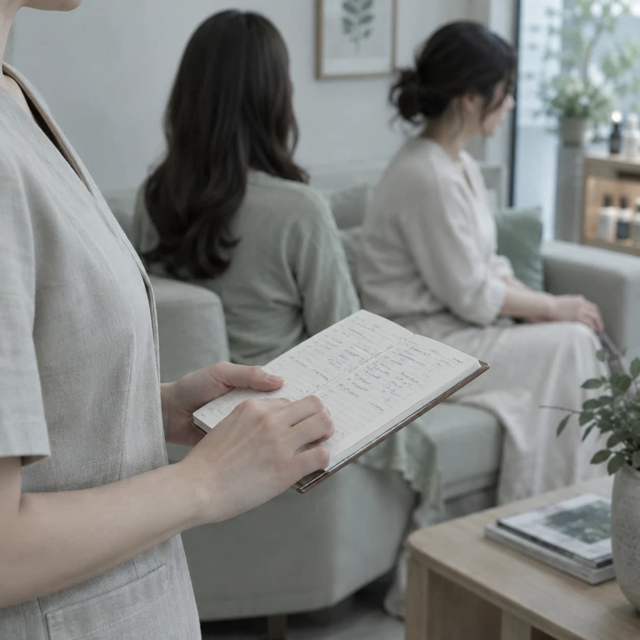 Hai khách ngồi chờ trên ghế sofa trong khi kỹ thuật viên lúng túng cầm cuốn sổ hẹn giấy