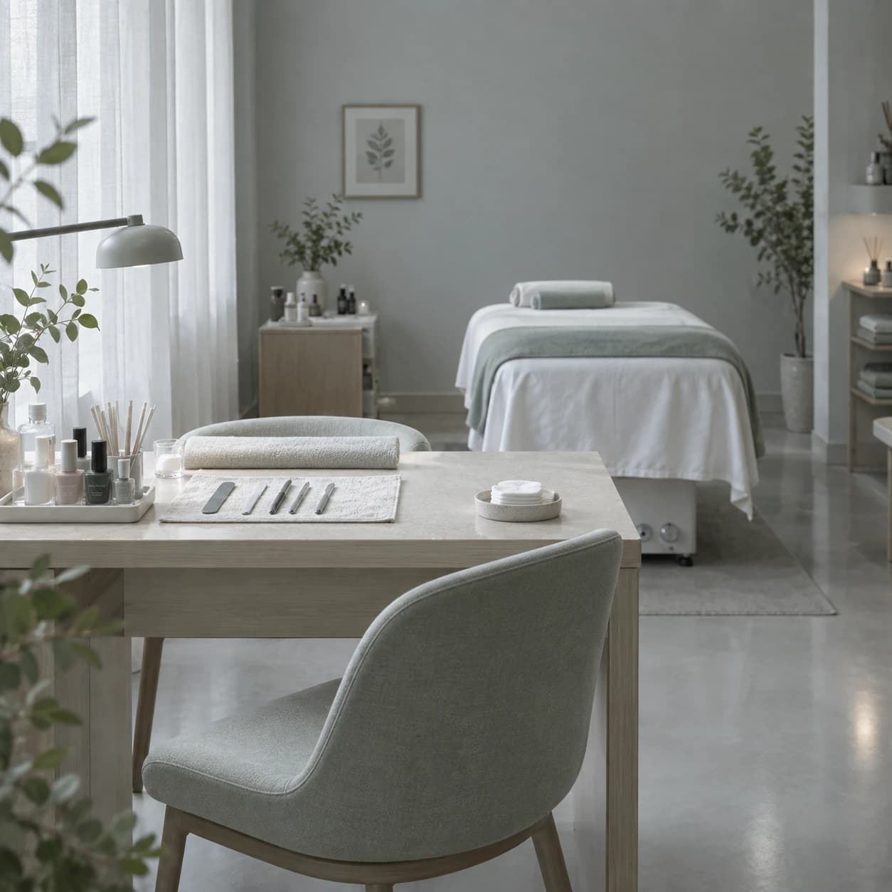 Bàn nail và giường trị liệu bỏ trống, dụng cụ bày sẵn, chiếc ghế kéo lệch ra khỏi bàn