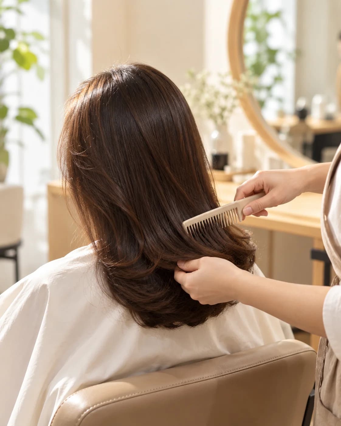 Thợ tóc chải phần đuôi mái tóc nâu vừa sấy của khách ngồi trên ghế salon, nhìn từ phía sau