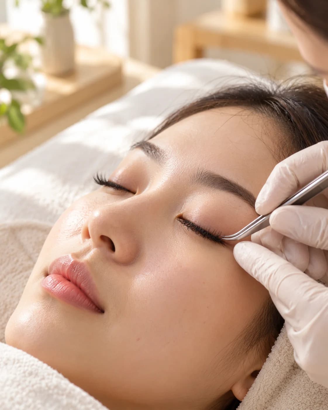 Cận cảnh khách nhắm mắt nằm thư giãn trong lúc kỹ thuật viên đeo găng dùng nhíp nối mi