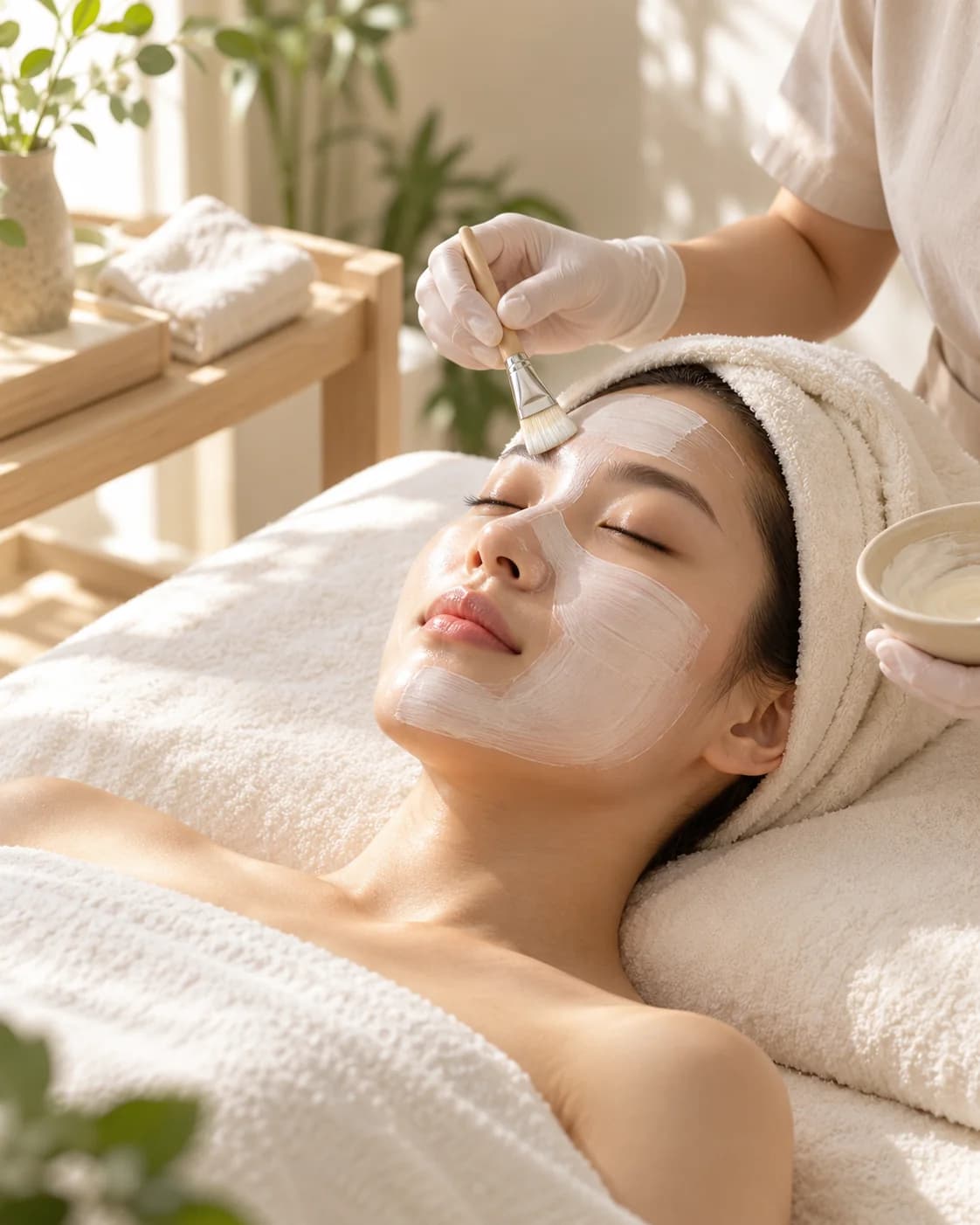 Kỹ thuật viên đeo găng quét mặt nạ trắng cho khách nằm nhắm mắt trên giường chăm sóc da, tóc quấn khăn trắng