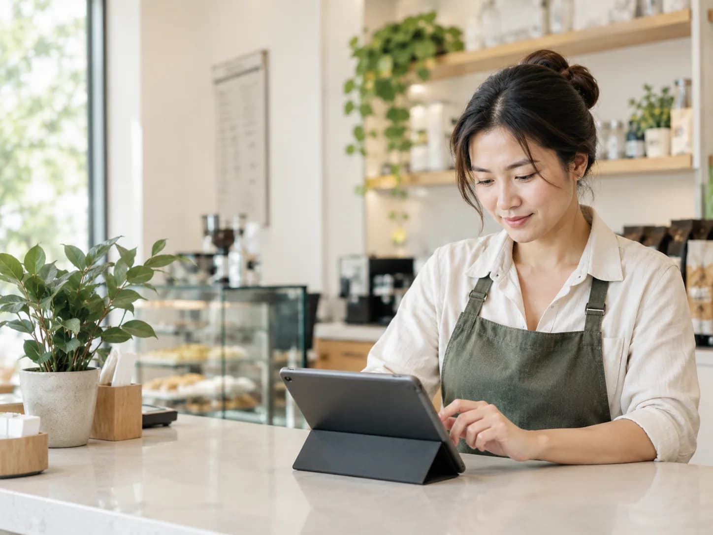 Cận cảnh tay chủ tiệm thao tác trên máy tính bảng ở quầy