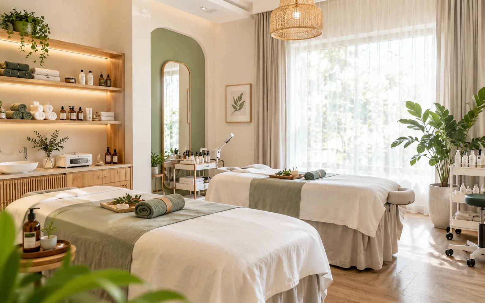 Không gian spa với giường trị liệu và ánh sáng tự nhiên