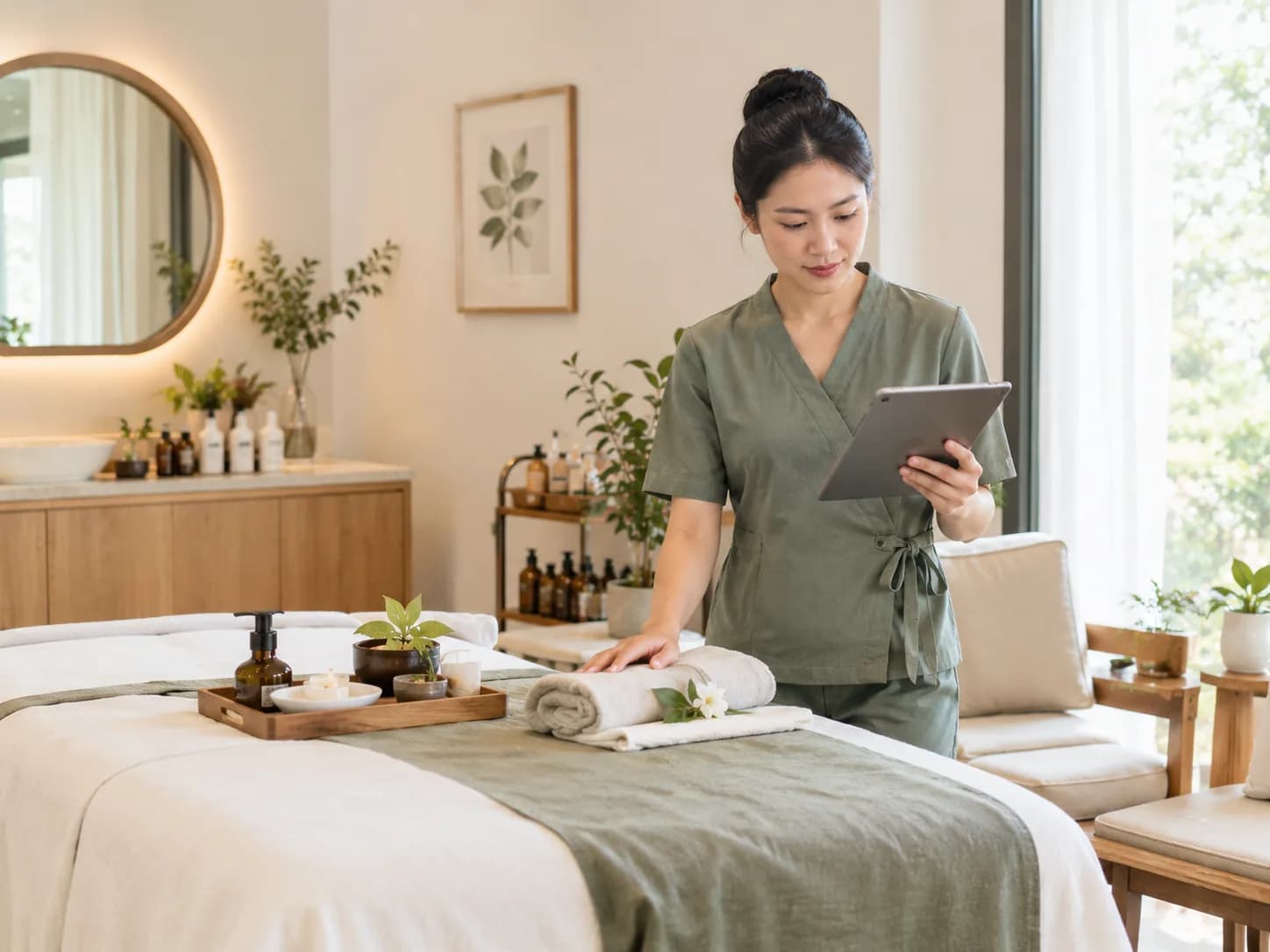 Chủ spa chuẩn bị phòng trị liệu và kiểm tra lịch hẹn